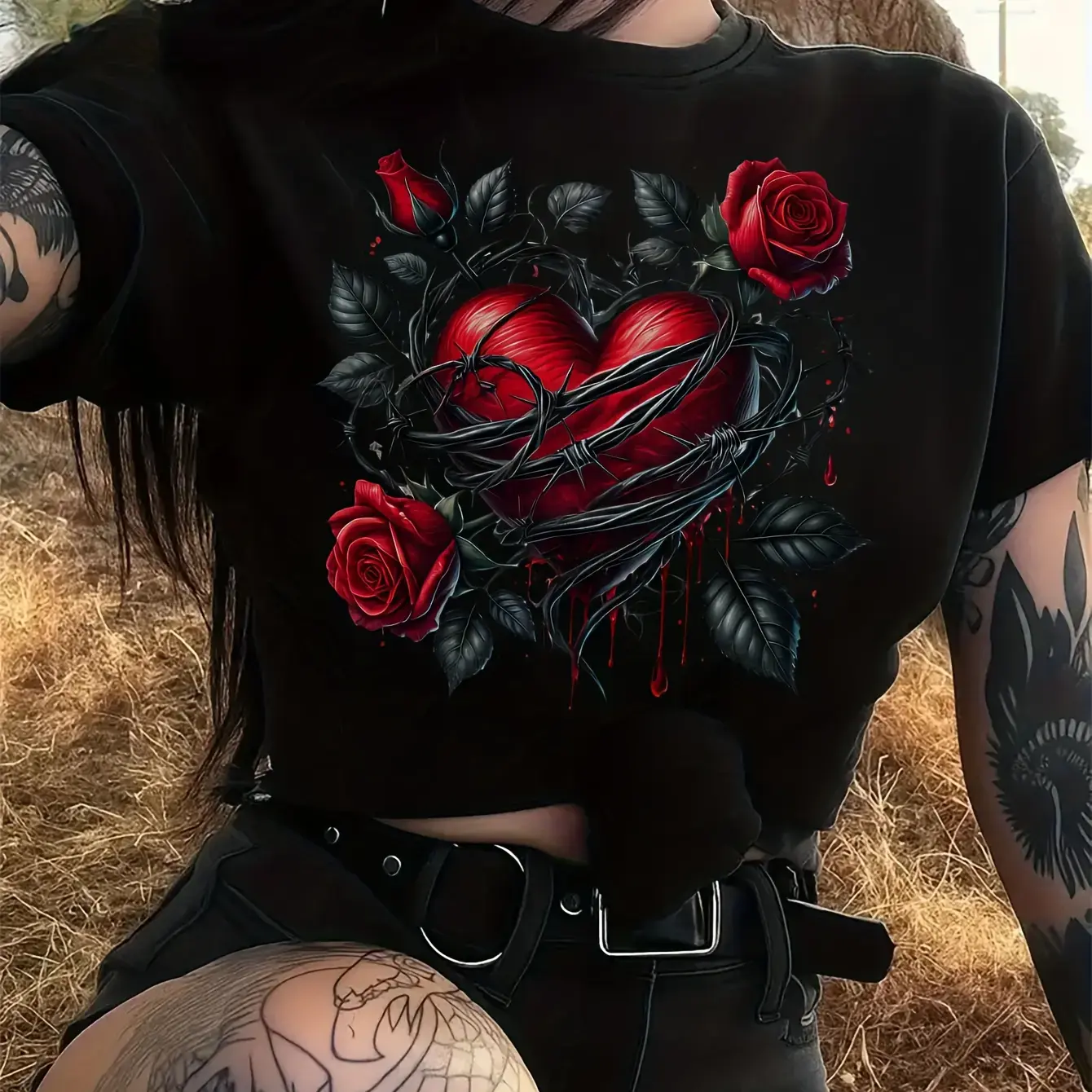 Women's Gothic Cotton Tshirt - Bat Wing, Rose with Thorns, Black-Red Heart Printed Short Sleeve Top, Medium-Stretch, Machine Wash, Streetwear Gothic Outfits for Daily Wear or Halloween Costumes