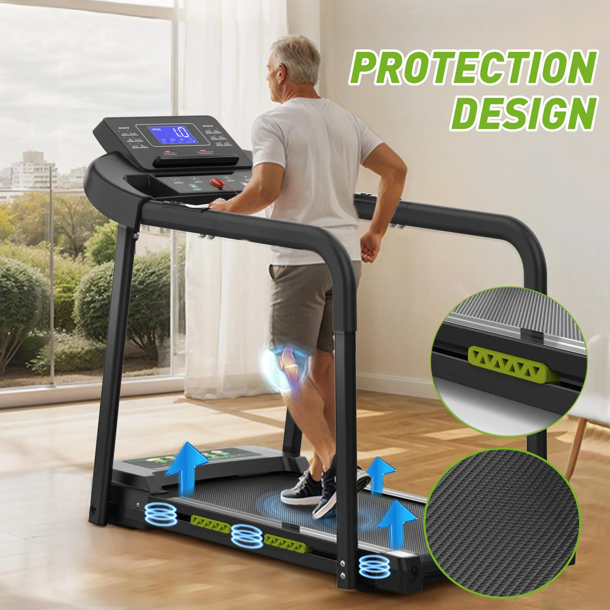 XMKEY Walking Pad Treadmill for Seniors with Long Handrail & Safety Key, 300 lbs Capacity, 2.5 HP Motor, Large LCD Display, 16.5" Wide Belt, Treadmills
