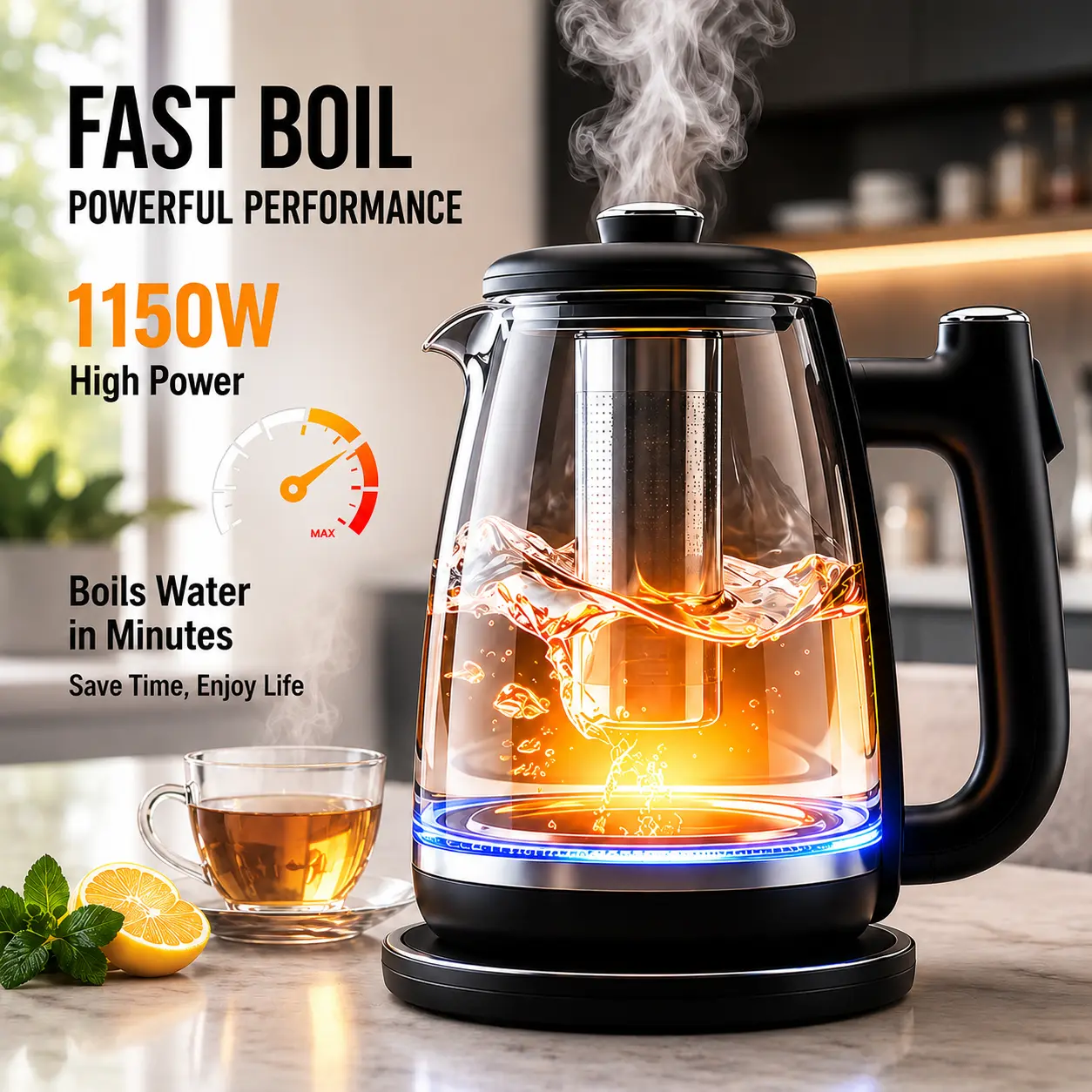 1.8L Glass Electric Kettle - 1150W Fast Heating Kitchen Appliance, BPA-Free Cordless Stainless Steel Hot Water Boiler with Removable Infuser for Tea, Coffee, Instant Drinks, Fast Heating Kettle, Tea Kettles