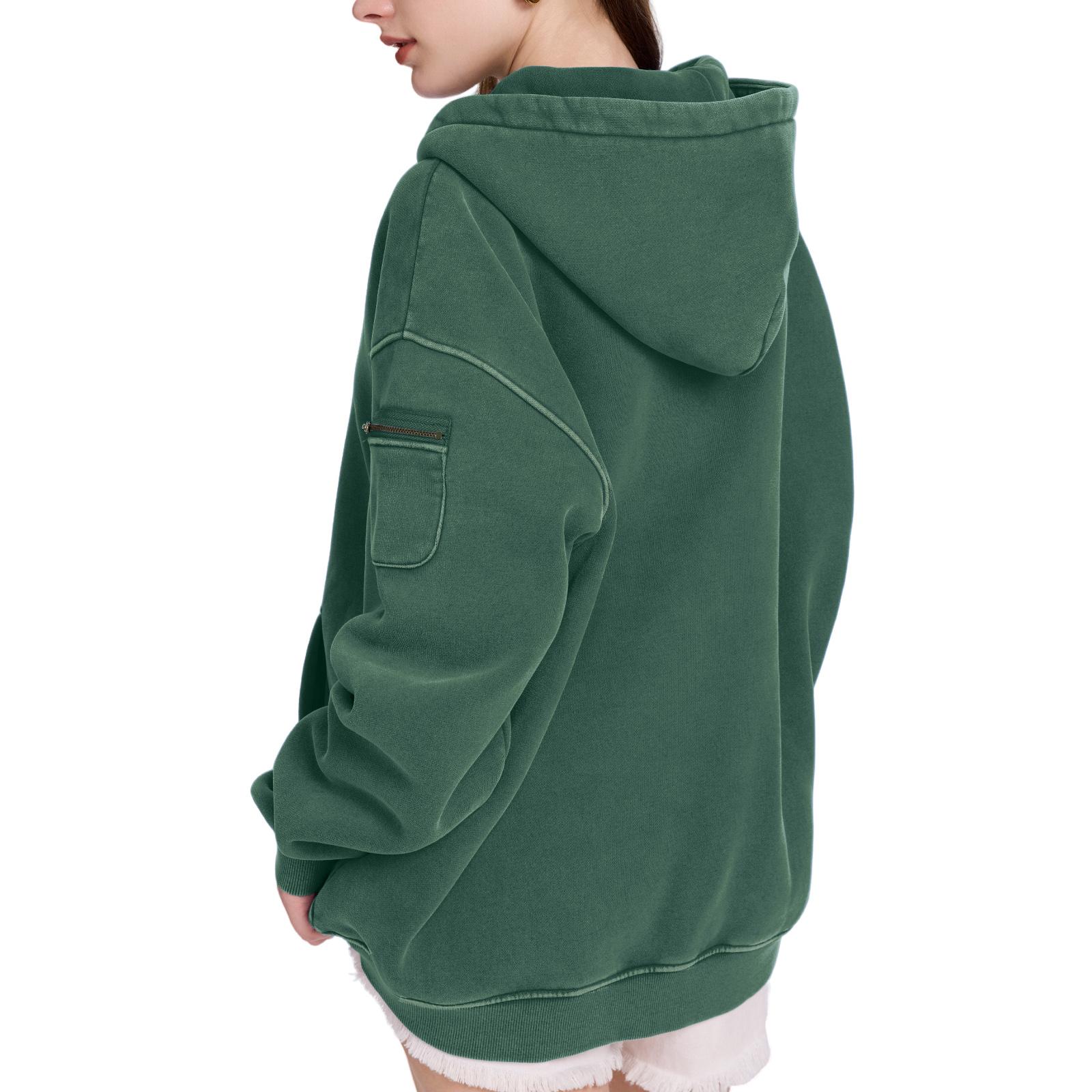 FAIABLE Unisex Oversized Hoodie for Women Men Vintage Acid Washed Heavyweight Fleece Half Zip Pullover with Kangaroo Pocket & Earbud Sleeve Pocket Casual Aesthetic Streetwear Style Essential Hoodies Comfort Hoodies Zip Hoodie