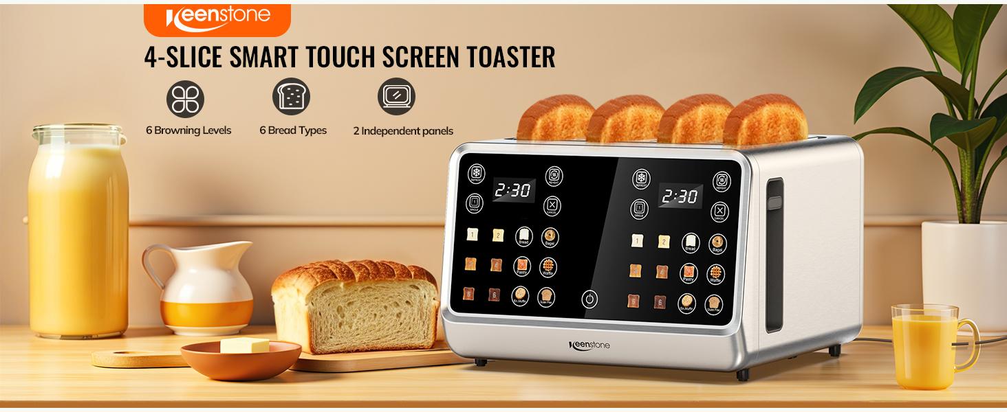Dear Morning Digital Smart Toaster 4 Slice with Touchscreen Dual Control Panel Single Slot Timer Reheat Defrost for Bagels Bread Waffles Stainless Steel Kitchen Essentials