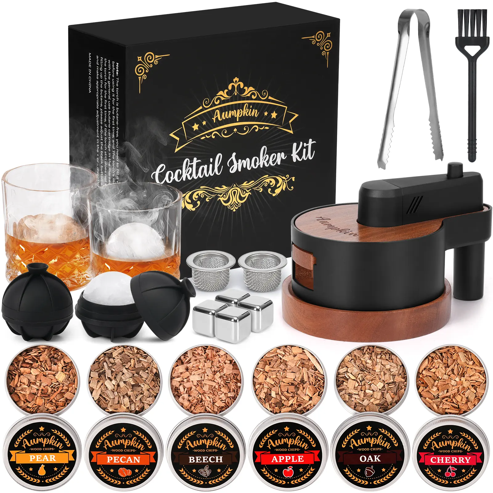 Premium Whiskey Cocktail Smoker Kit with Torch, 6 Flavors Wood Chips, 2 Glasses & 2 Ice Ball Molds, Old Fashioned Bourbon Drink Smoker Infuser, Gift for Men Dad Husband, Black & Brown (Butane Not Included)