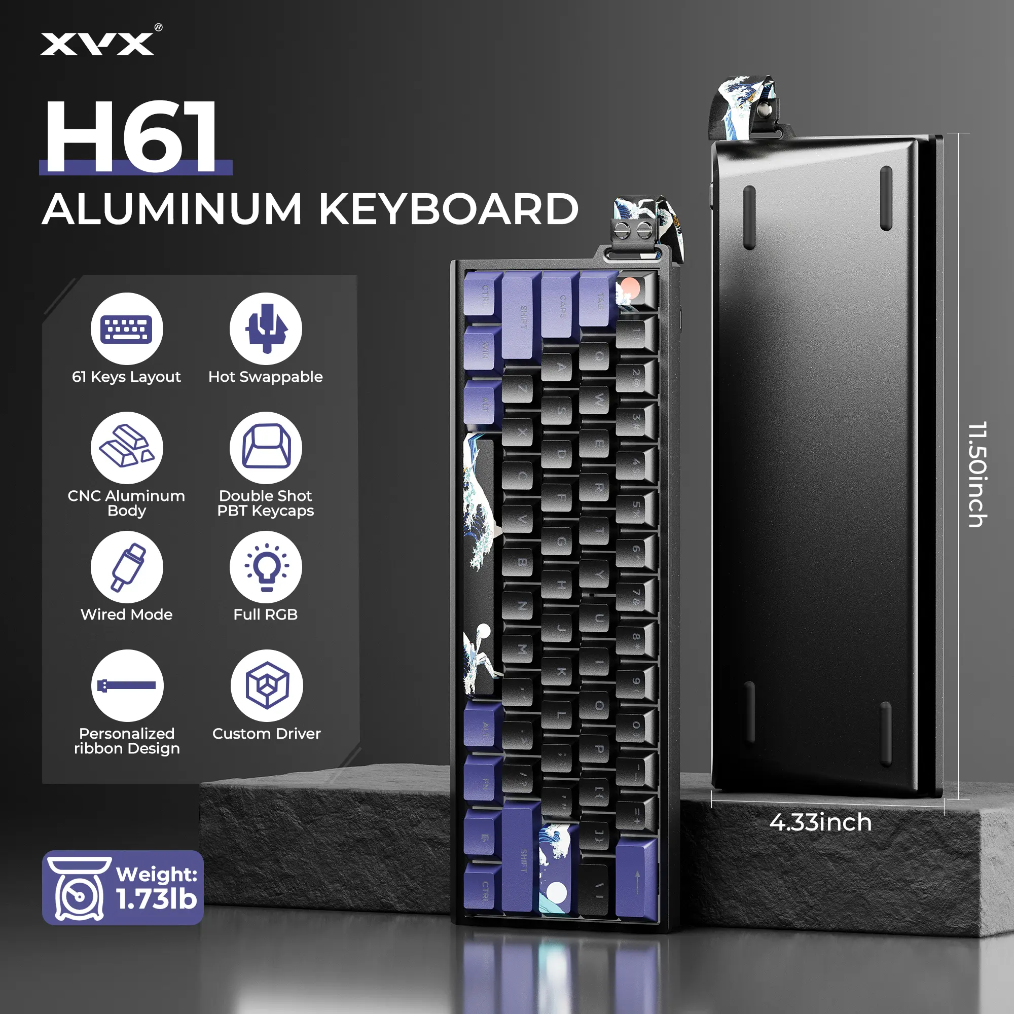 XVX H61 60 Percent Mechanical Backlit Keyboard - CNC Aluminum Body, Wired Hot Swap Switches, Full RGB Colorful Design, PBT Keycaps, Budget PC Accessories for FPS Games, Office Use, PC, Colorful Design Keyboard,back to school,back to school haul