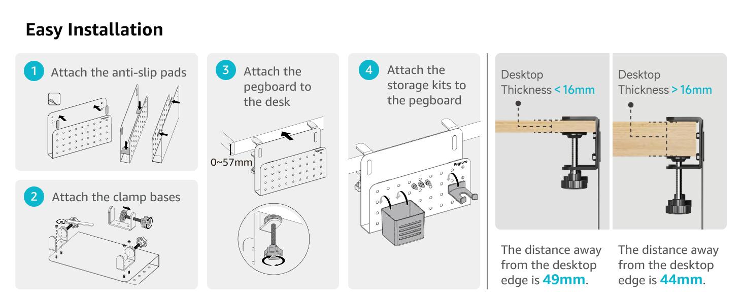 Desk Side Storage Organizer, No Drill Under Desk Laptop Holder, Clamp on Desks Shelf with Pegboard Accessories, Hanging Laptop Mount, Fits Flat Edge 0.4" to 2.2"