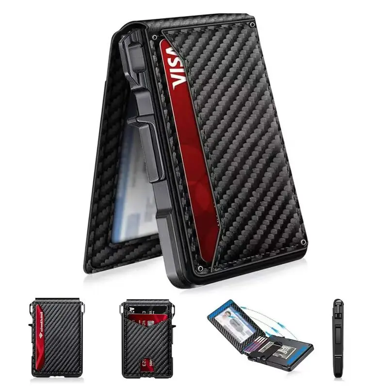 Men's Minimalist Carbon Fiber Aluminum Wallet, RFID Theft Protection, Holds 10-13 Cards, Push Button Card Ejection, Dual Fold Card Holder with Cash Clip & ID Window