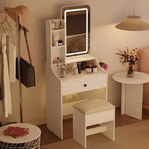 24 Inch Makeup Vanity Desk with Mirror and Lights, Small Vanity Table Set with Storage Bench, Charging Station & Hair Dryer Holder, Dressing Table with Drawer and 3 Shelves for Bedroom