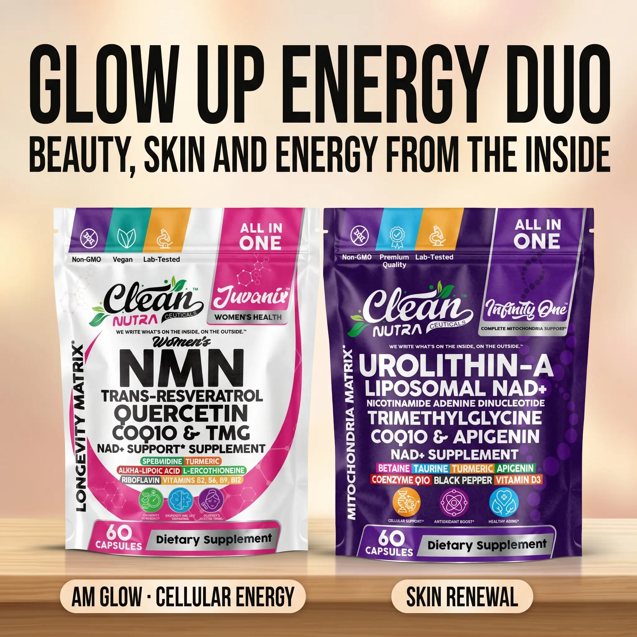 Urolithin A 250mg + NMN 500mg Beauty & Energy Duo Bundle for Women – NAD+ Supplement with Resveratrol Apigenin CoQ10 Quercetin – Mitochondrial Healthy Aging Cellular Energy Brain Health – 120 Capsules – Clean Nutra
