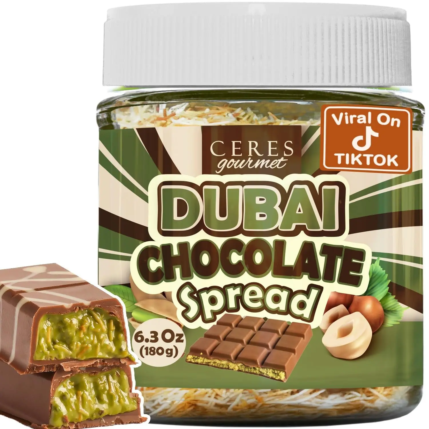 Dubai Chocolate Spread, 6.35 oz Jar – Real Chocolate with Pistachio & Kataifi, Gourmet Dubai Chocolate Filling for Pancakes, Breakfast, Snacks & Desserts