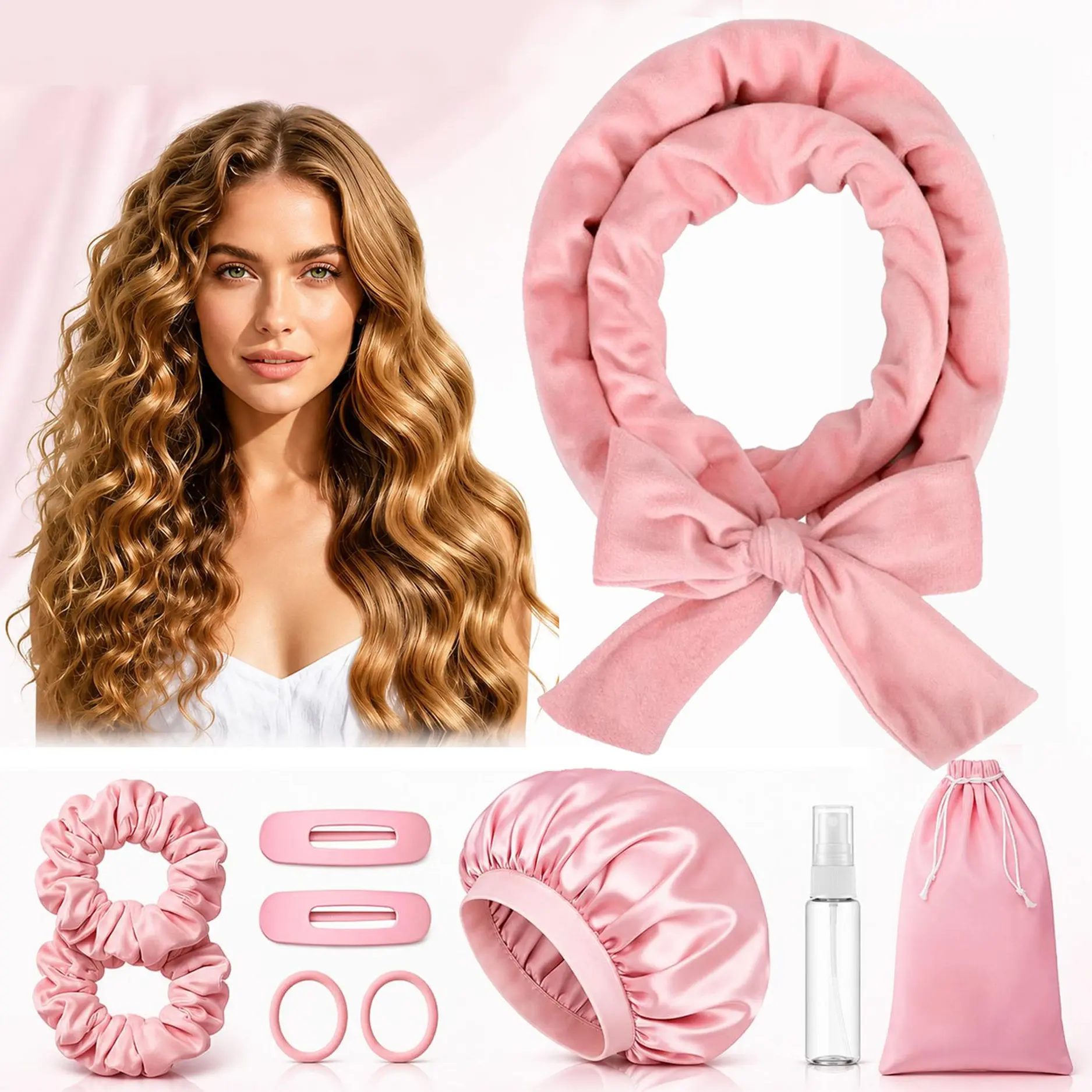 10 PCS No Heat Curlers Set with Scrunchies and Clips,Overnight Heatless Curlers Headband,60" Soft Ribbon Curl Wrap for Long Hair,Pink