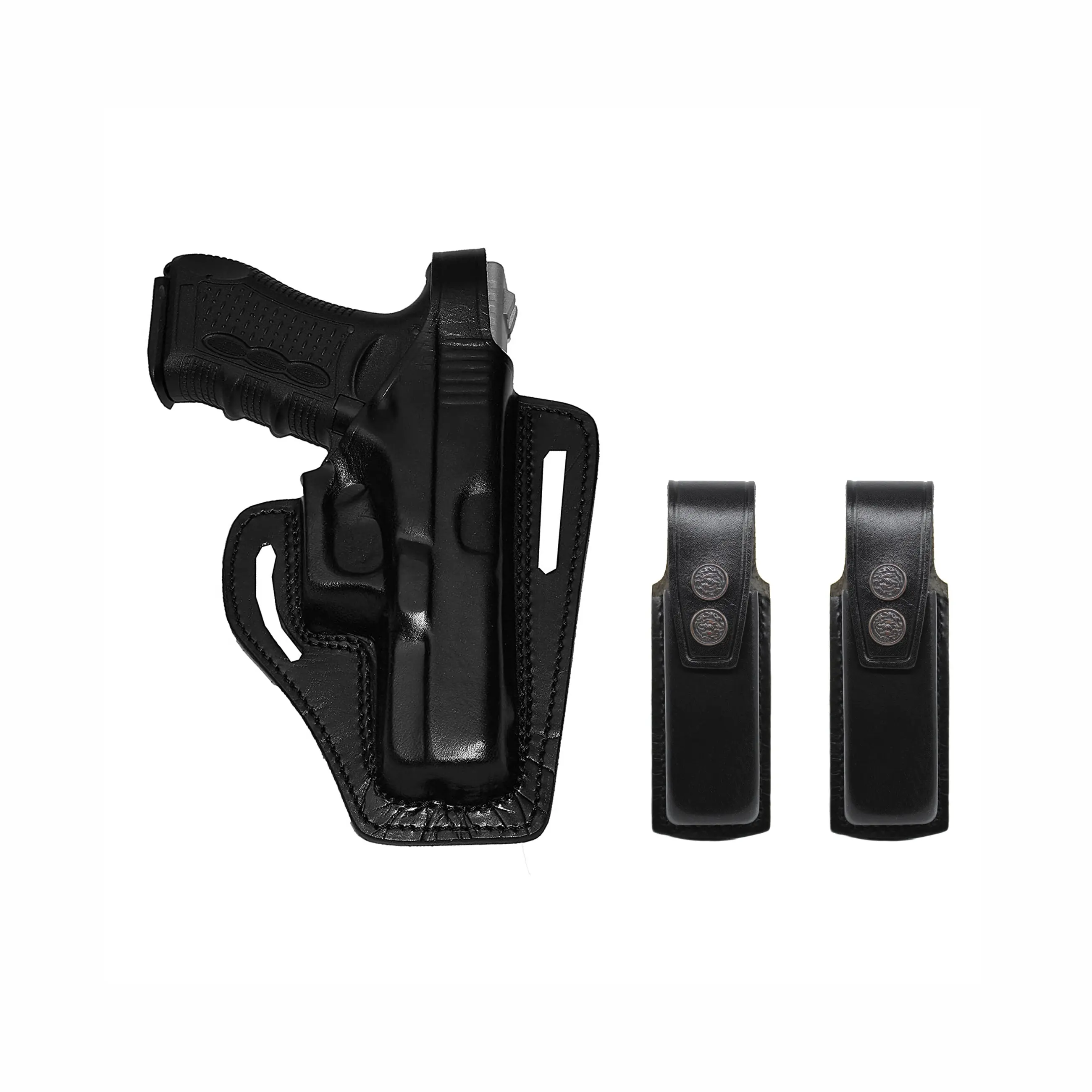 ALIS3372090 Pancake Leather Holster Thumb Break RH & Two Single Magazine Pouches for Glock 17 Glock 22 Handmade!