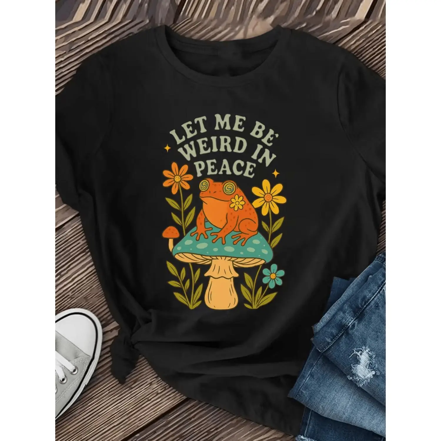 LET ME BE WEIRD IN PEACE Frog Mushroom Flowers T-shirt Retro Vintage Hippie Boho Cottagecore Aesthetic Tee Whimsical Nature Lover Gift Unique Shirt