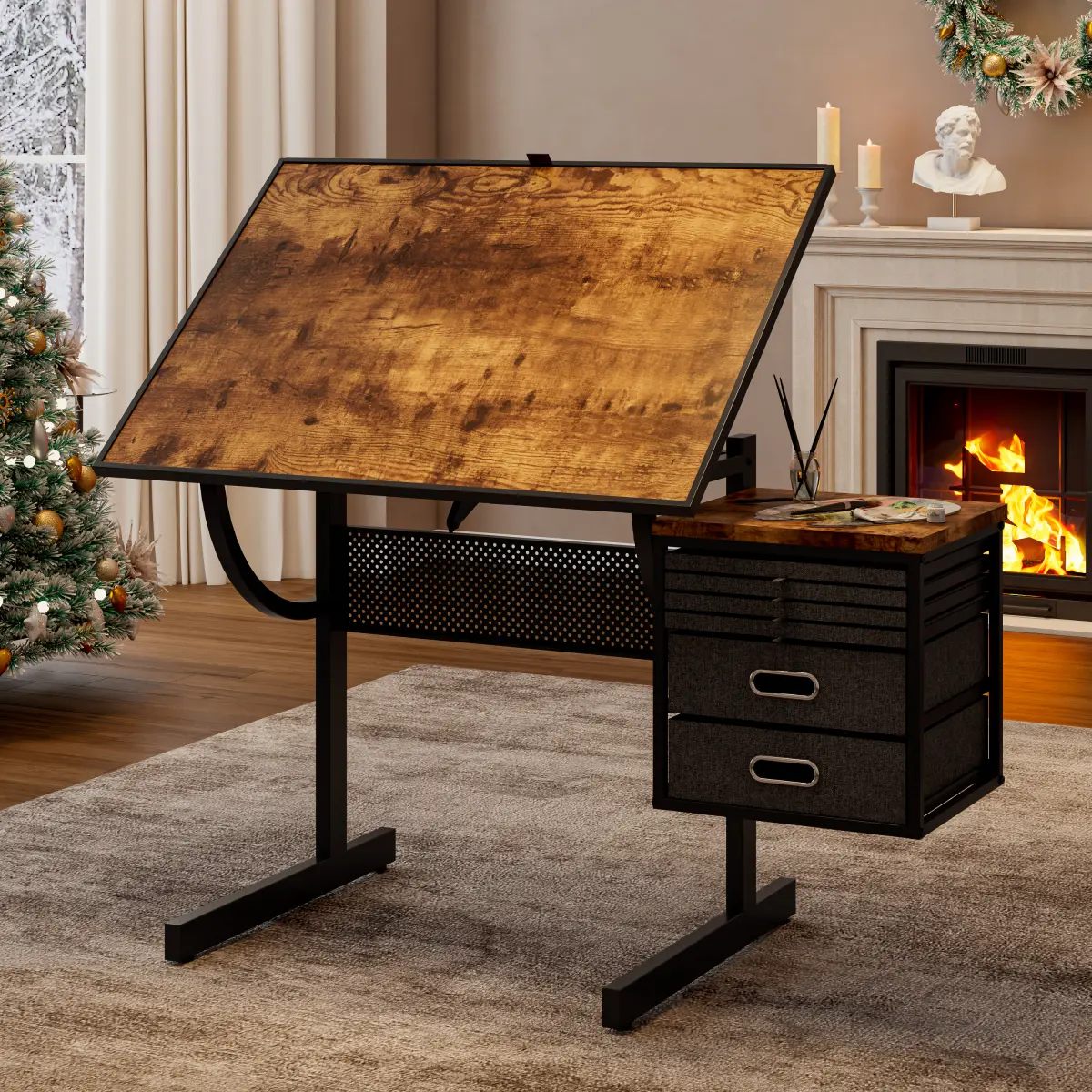 Black Metal & Poly Puzzle Table for Adults (15+ Years) - 1500-Piece Jigsaw Compatible Commercial/Office Furniture, 4 Felt Storage Trays, 2 Storage Drawers, Waterproof Finish, Angle Adjustable, Best Birthday/Holiday Gift for Puzzle Lovers