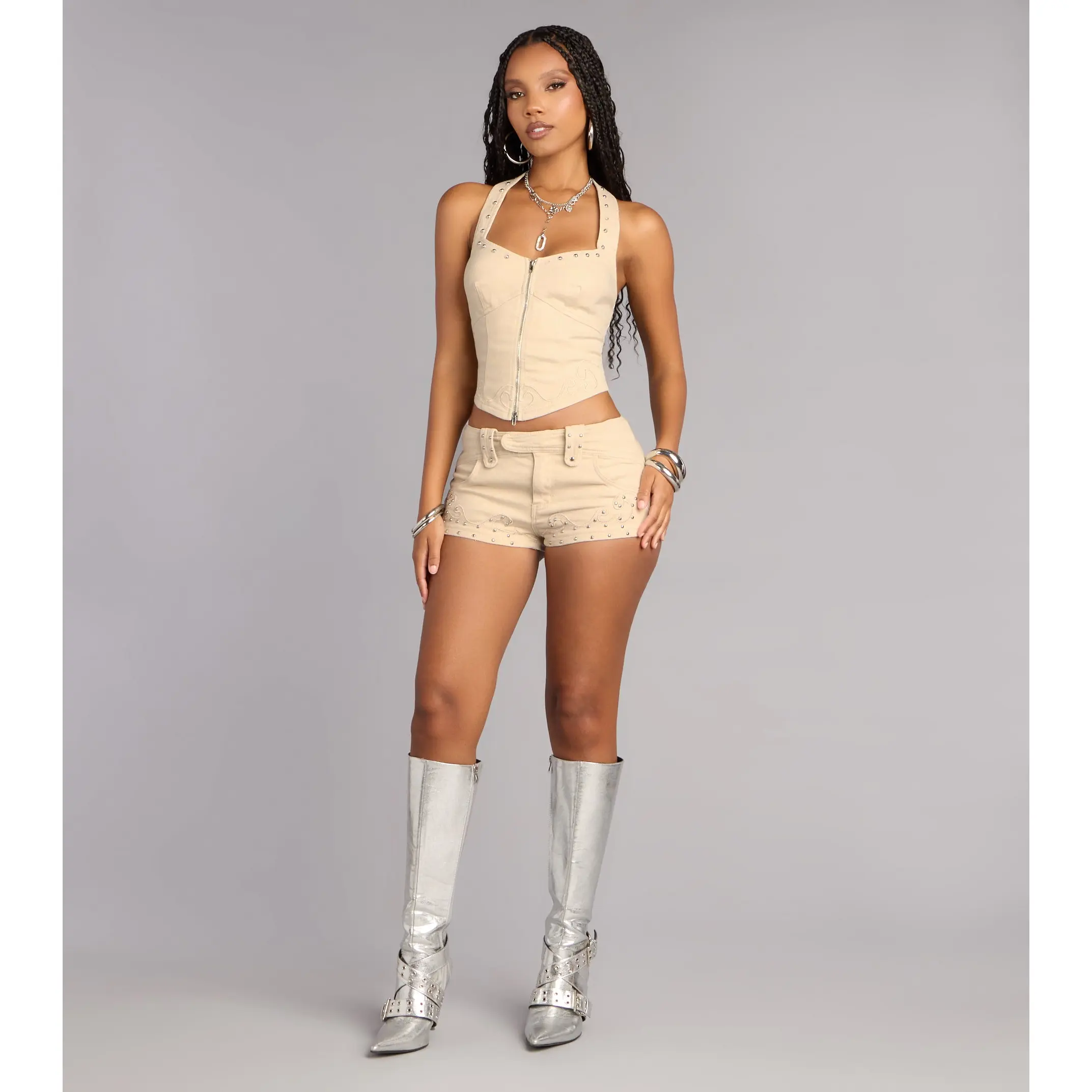 Studded Western Low-Rise Shorts