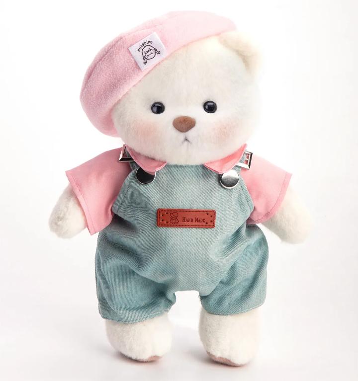 Getahug Pink Beanie Oueralls Bear Handmade Dotted Teddy Bear Gift with Blue Overalls and Pink Shirt ,stuffed animals, plushies