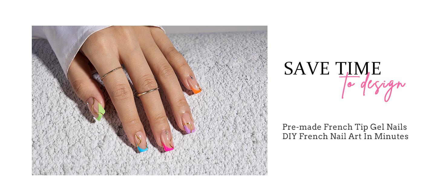 BTArtboxnails XCOATTIPS Press on Nails - 150pcs Brighter pastel Short Square or Almond or Coffin French Tips, Peach base Soft Gel False Nail, Soak Off Acrylic Fake Nails Extensions