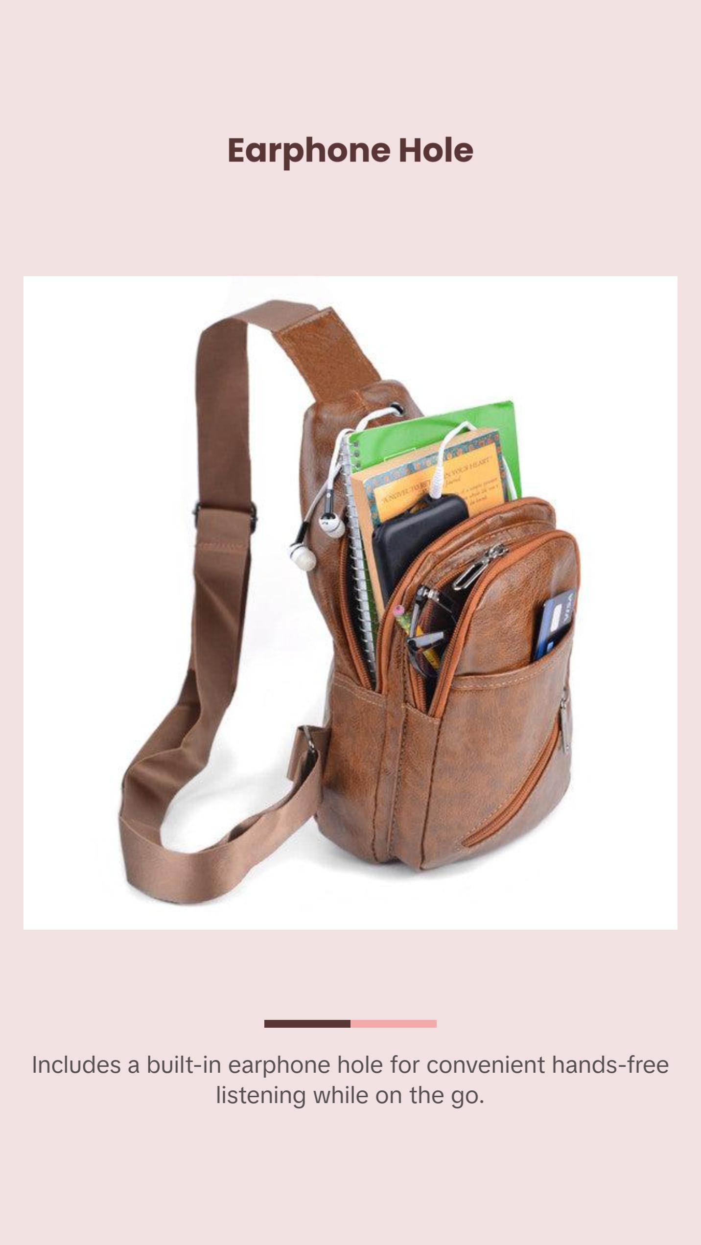 Brown Vegan Leather Crossbody Sling Bag - Multi-Pocket, Hands-Free Earphone Hole Brown Vegan Leather Crossbody Sling Bag - Multi-Pocket, Hands-Free Earphone Hole