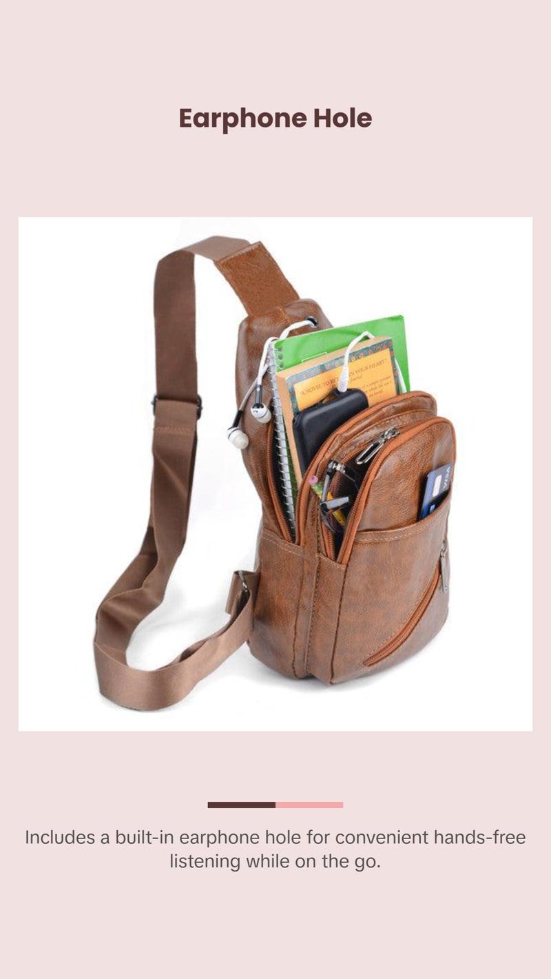 Brown Vegan Leather Crossbody Sling Bag - Multi-Pocket, Hands-Free Earphone Hole