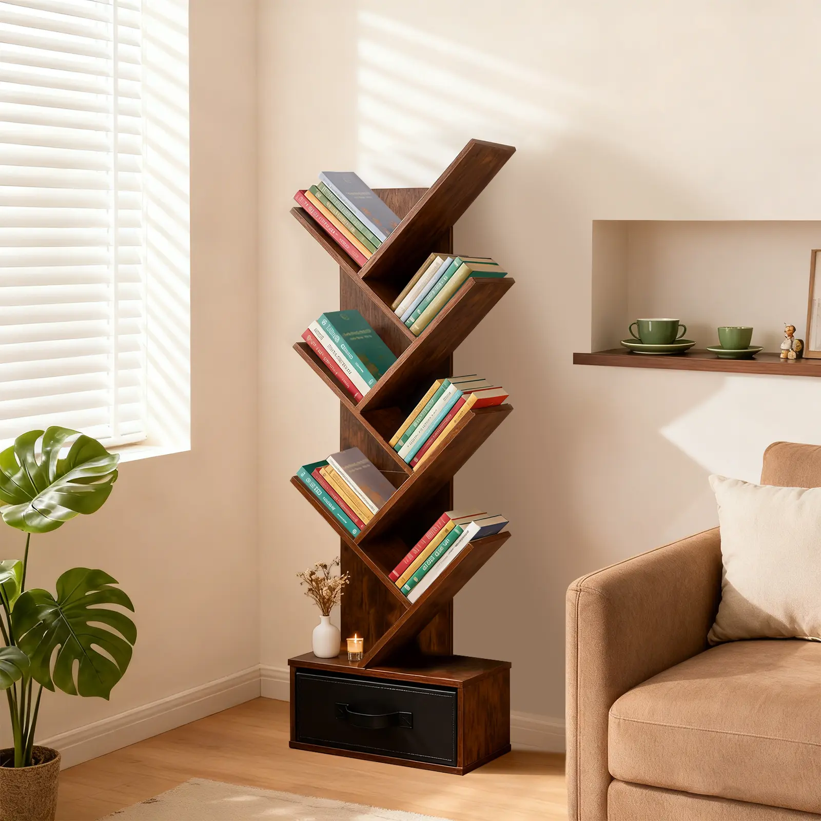 Sweetcrispy 7-Tier Branch-Like Wooden Bookshelf with Drawers - Classic Durable Tall Narrow Open Shelving Bookcase for Easy Access to Bookish Items, Living Room Small Space Corners, Floor-Standing Storage, Assembly Required, Tools