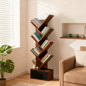 7-Tier Tree Bookshelf with Drawer,Tall Narrow Wood Bookcase for Living Room,Bedroom,Floor Standing Storage Shelf for Corner & Small Space