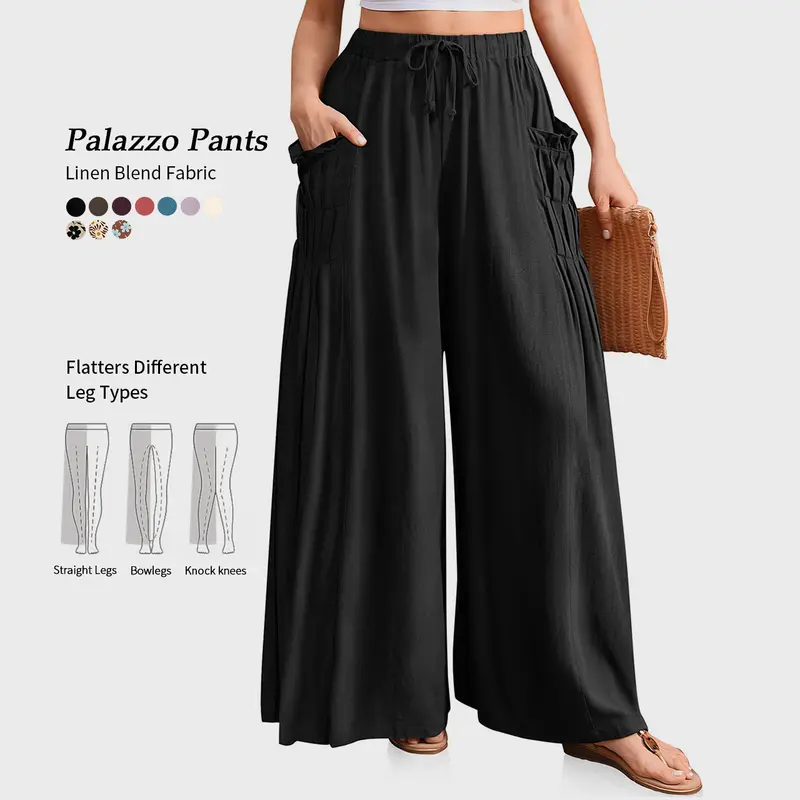 TARSE Women Casual Linen Blend Palazzo Pants Loose Fit Boho Wide Leg Baggy Trousers with Pockets Oversize 2026 Summer Vacation Womenswear Work Pants