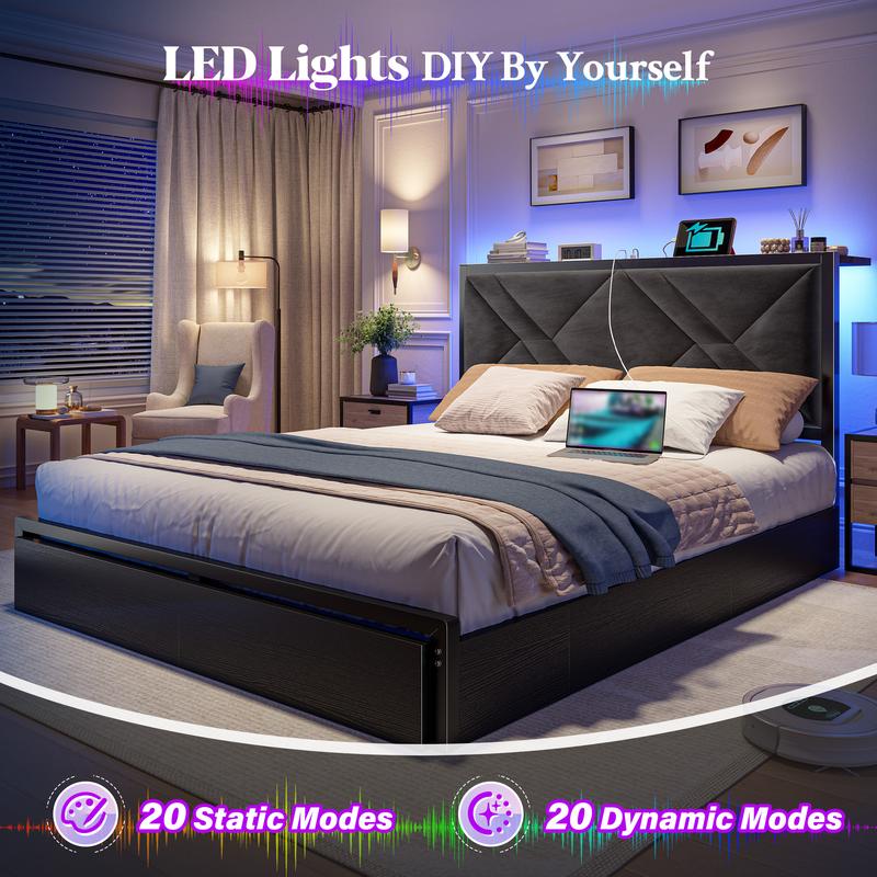 6 Drawers LED Bed Frame with Storage Shelf, Wood Luxury Platform Bed Frames with USB Port Charging Station & Upholstered Headboard for Queen, Full, Holds 1000lBS, No Box Spring Needed, Gray, Rustic Brown