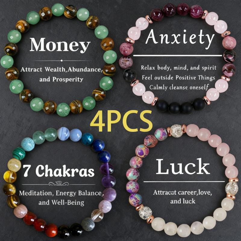4PCS Money Attraction Bracelet with Green Aventurine & Tiger Eye - Blue Friendship Crystal Bracelet Beaded Jewelry Protection Bracelet Encouragement Gift For Her Fashion Artificial Bracelet Daily Wear