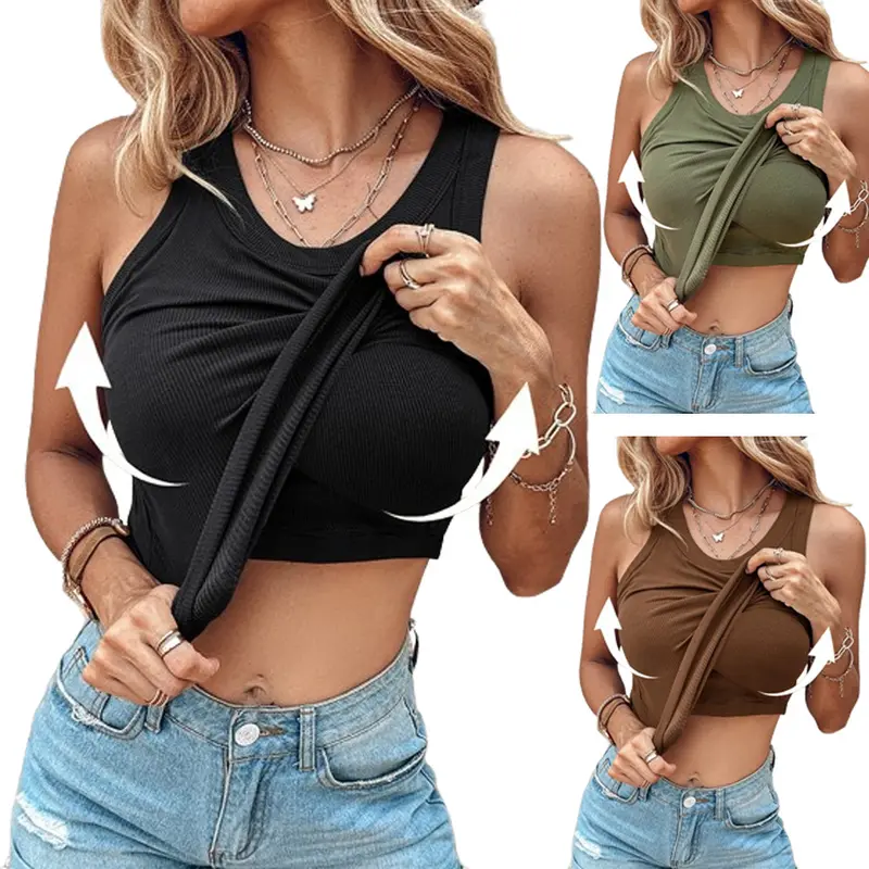 Women's 96% Polyester 4% Elastane Ribbed Knit Sleeveless U-Neck Slim-Fitting Tank Top - Built-in Bra, Breathable, Comfy, Casual, Cute, Elegant, Basic Daily & Party Wear