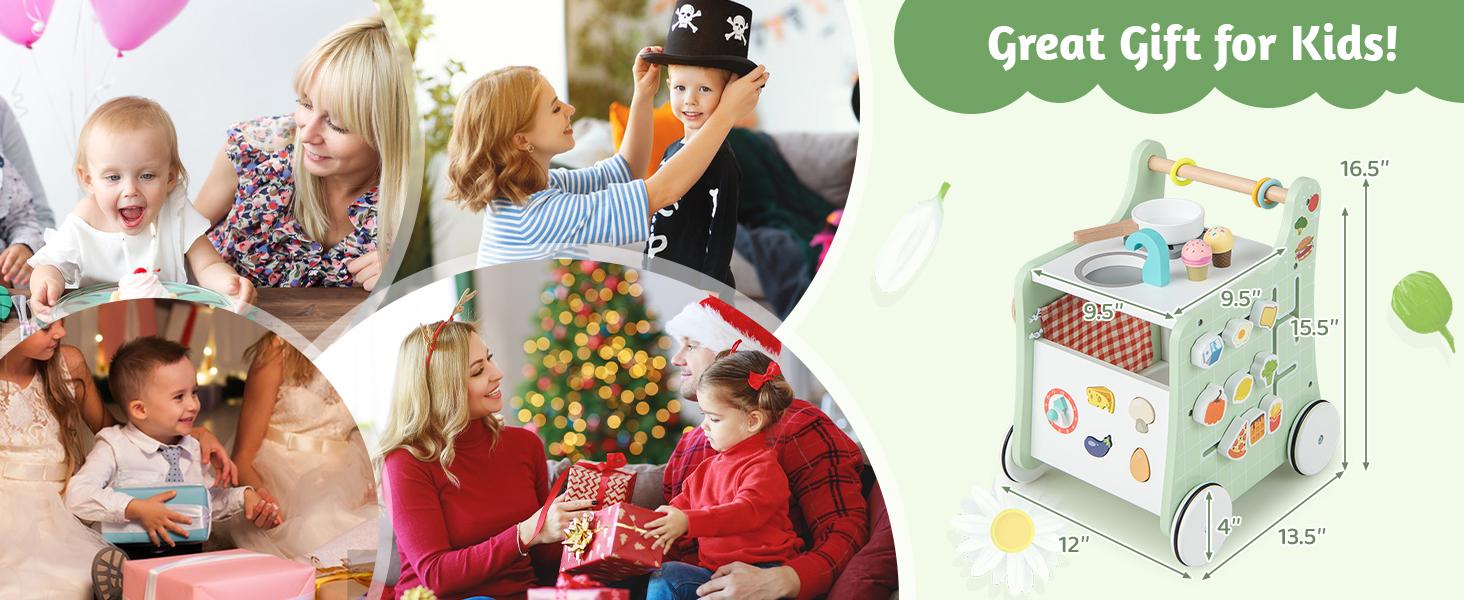 Costzon Montessori Educational Toy, Push and Pull Sit-to-Stand Learning Walker Activity Center, Wooden Baby Walker,Toddler Pretend Play Playset,Push Walker for Boys Girls