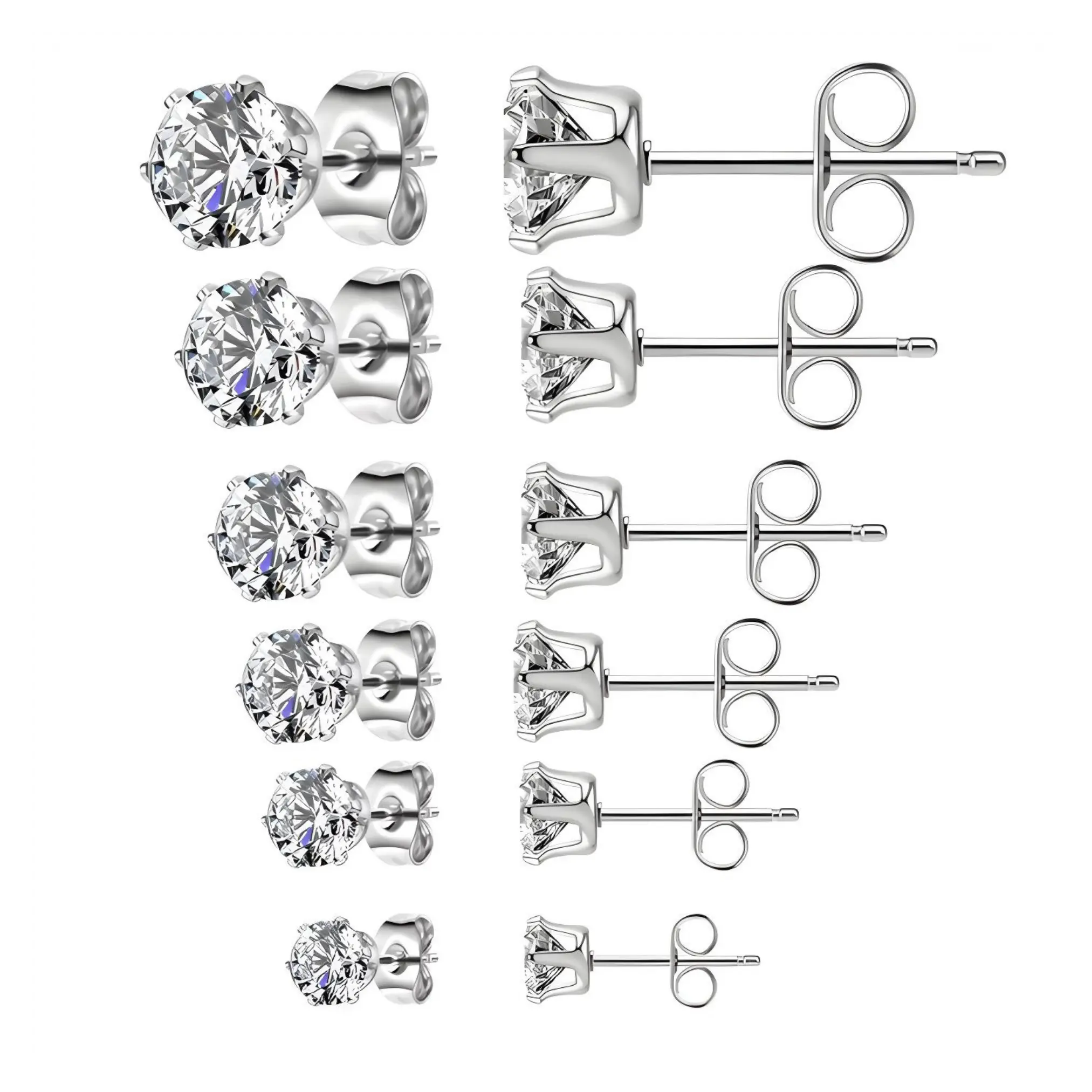 CZ Stud Earrings Set of 6 Hypoallergenic Stainless Steel Silver 3mm–8mm Ear Cartilage Piercing Jewelry Cubic Zirconia Butterfly Backing