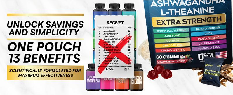 Corti-Smooth Gummies (Mixed Berry Flavor) - Parrox 13 in 1 Magnesium Supplement with L-Theanine, Lions Mane & More Natural Ingredients - Made in USA - (60 Gummies)