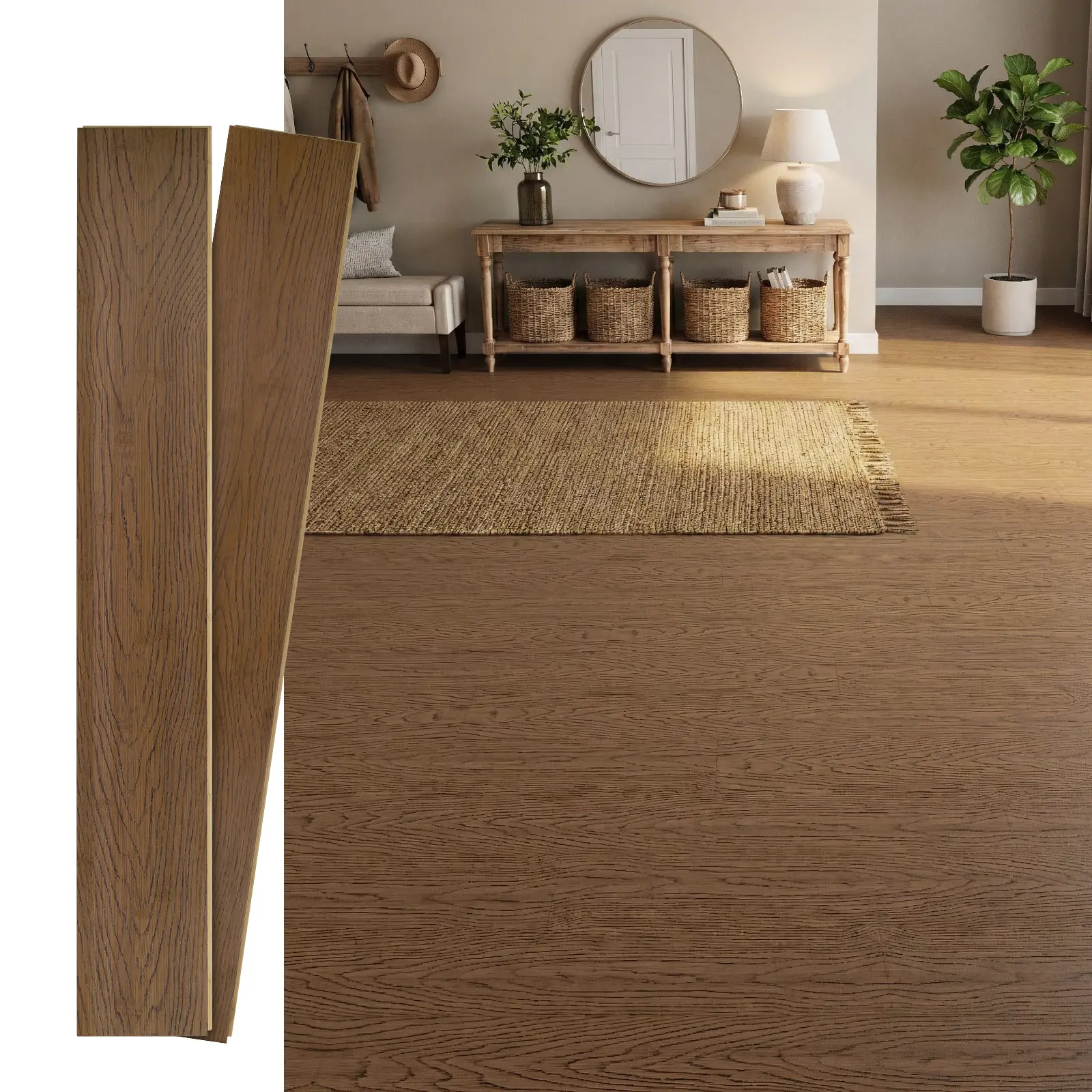 Jeedeson Solid Bamboo Flooring Planks, 5.11in x 40.15in x 3/5in Thick, Natural Embossed Wood Grain, Waterproof, Above Ground Use, Dent & Decay Resistant, Natural Rustic Look, Tongue-and-Groove, 14-Pieces (Covers 20 Sq.Ft)