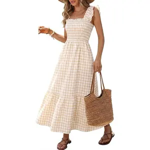 Women's Plus Size Summer Casual Long Dress, Vintage Plaid Cover-Up Dress with Thin Straps and Ruffle Hem, Pleated Long Dress with Pockets