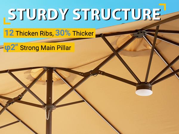 HOOOWOOO 15FT Solar LED Patio Umbrella with Base & Crank - Outdoor Market Umbrella for Garden, Deck, Backyard, Pool, Beach - Durable Water-Resistant Fabric, Adjustable Lighted Umbrella