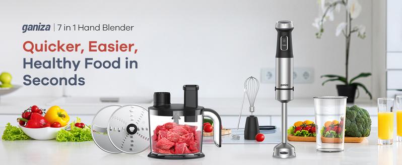 Ganiza 7 in 1 Electric Immersion Blender Handheld, Max 1000W, 15 Speed and Turbo Mode, Stainless Steel, With 1500ml Food Processor and Other 6 Pieces