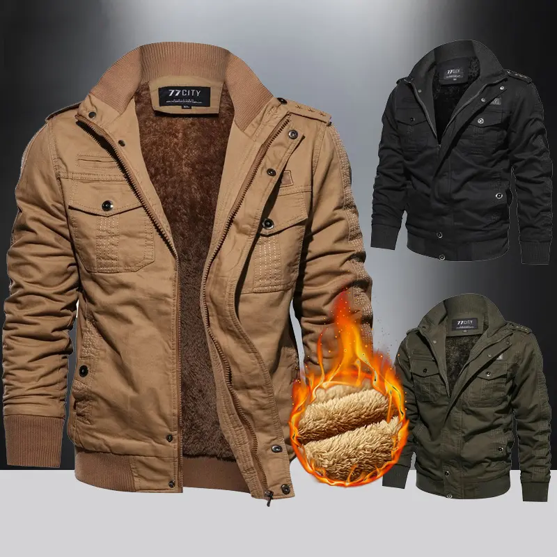 Men's Winter Pure Cotton Fleece Lined Stylish Menswear Jacket - Thick Warm Long Sleeve Outerwear Workwear with Ribbed Cuffs, Zip Front Closure; Perfect for Outdoor Activities, Casual Wear; Versatile Men's Top Wardrobe Essential
