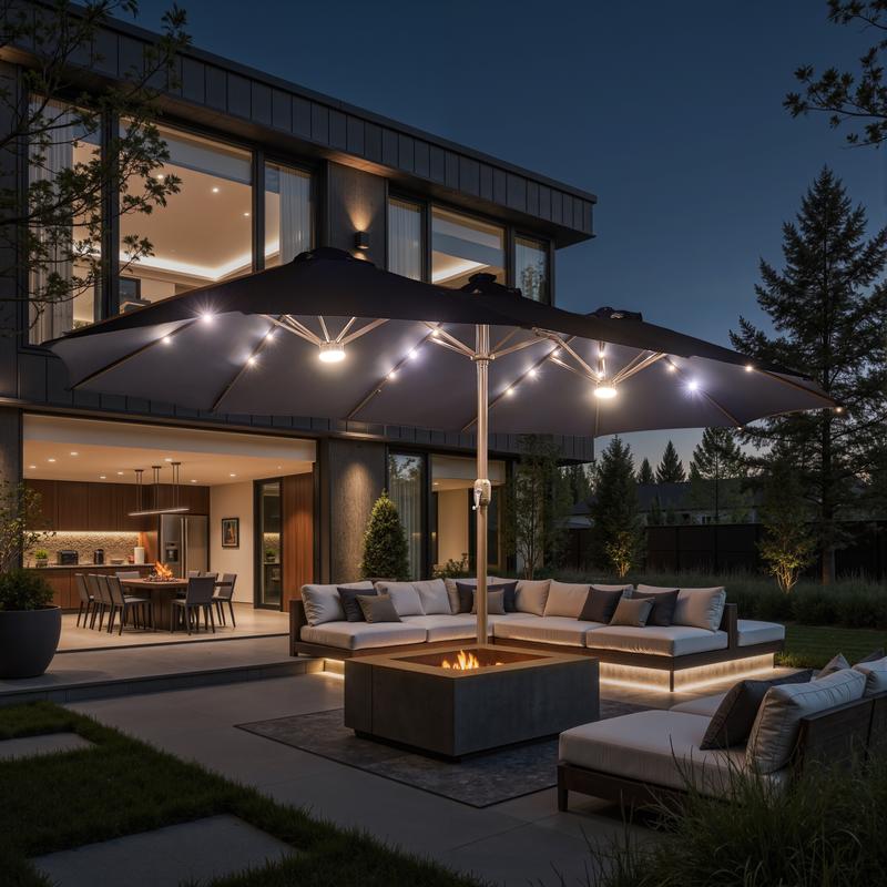 【Rainbow Lighted Umbrella & Table】Ovios 15ft Double-Sided Patio Umbrella with Solar Lights & Umbrella Hold Table, Outdoor Large Umbrellas with Crank Handle and 36 LED Lights, Rectangular Market Umbrella with Base Included for Deck Pool Shade