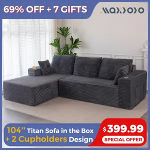 [Hot Sale] MAXYOYO 104" L-Shape Modular Couch, Corduroy Cloud Sectional Sofa, 104"*65"*31.5", 2 Cupholders Design, No Assembly Required, Cozy for Living Room or Apartment