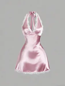Sweetra Women's Casual Elegant Spring Polyester Fabric Dress, V-Neck, Lace Trim, Fitted A-Line, Short Sleeve, Blush Pink