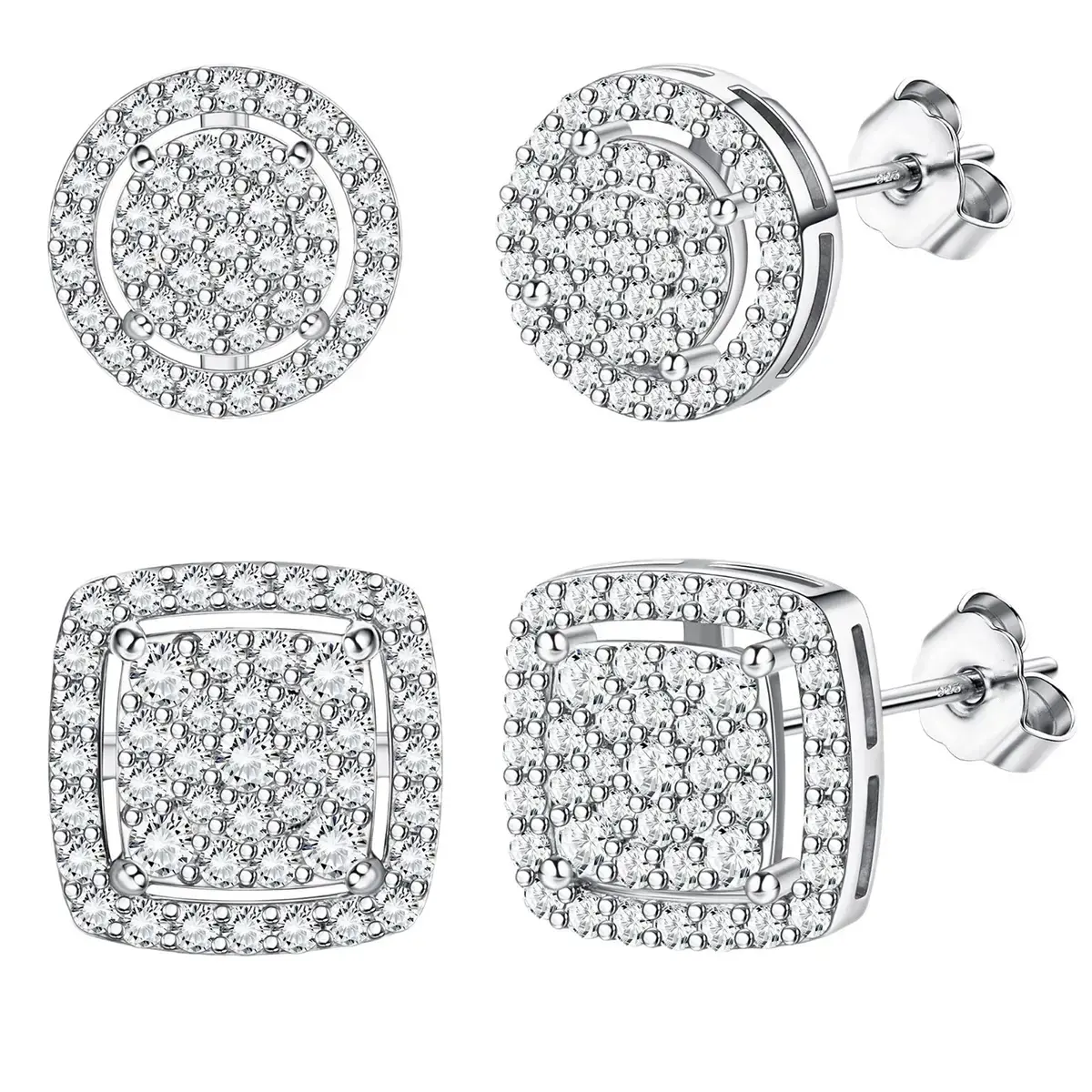 Men's & Women's 14K Gold/Silver Iced Out Square Stud Earrings Set for Everyday Wear