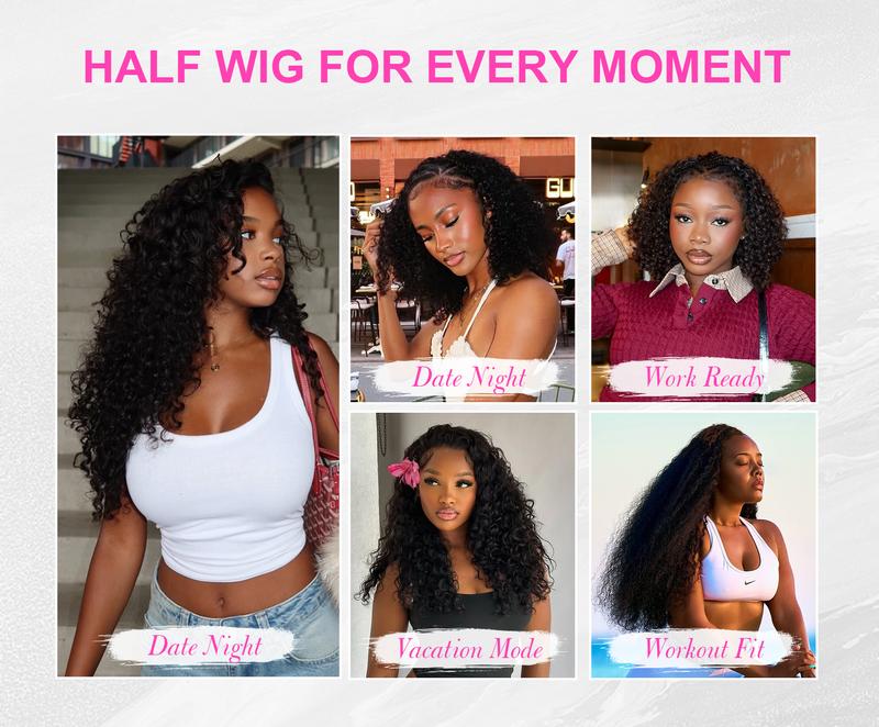 [Wear Go Half Wig] BGMgirl Invisible Hairline Afro Curly Kinky Straight Half Wig Glueless Human Hair Butterfly Yaki Layered Cut Wigs Water Wave Kinky Curly Seamless Flip Over Updo Down Style Hairpiece eve valentines day gift