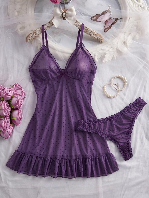 Women's Elegant Polka Dot Sleepwear Set, Lightweight Knit Fabric, Soft Touch, Half-Transparent Effect, Classic Bow, All Seasons