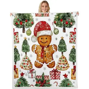 Christmas Cookie Kids Bed Throws,Cute Gingerbread Man Print Throw Blanket for Boys Bedroom, Watercolor Green Trees Lightweight