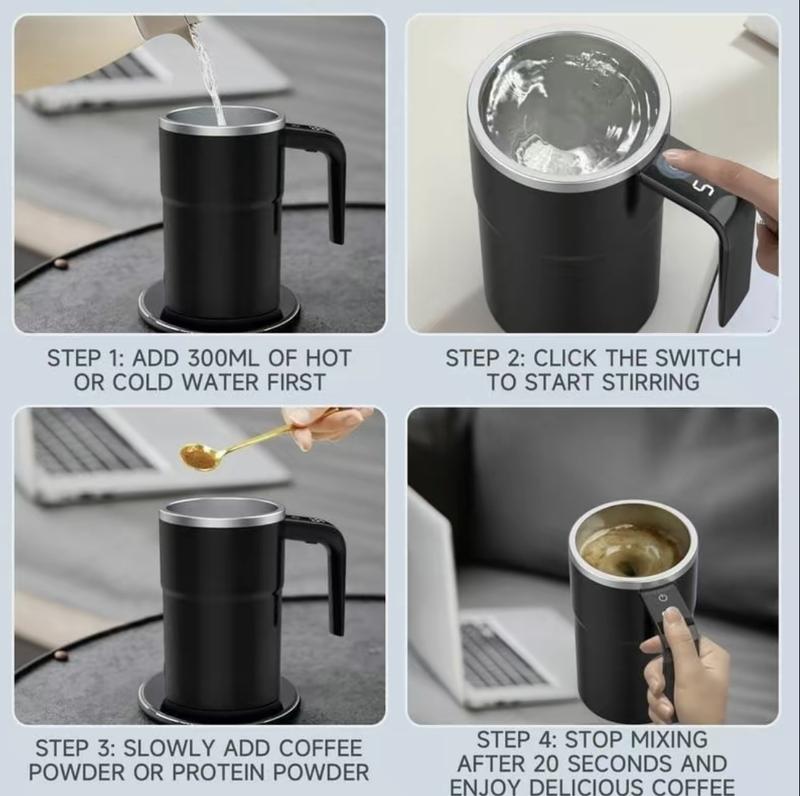 13 oz automatic stirring coffee mug with smart temperature measurement, magnetic self-stirring design, USB rechargeable portable electric stirrer, suitable for coffee, drinks, hot chocolate, and fitness protein shakes; ideal as a holiday gift
