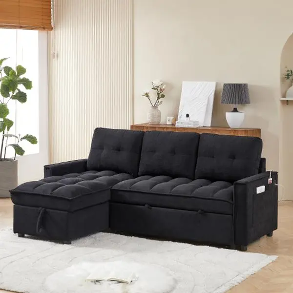 [Bellemave]71.3" Reclining Sofa, Pull-Out Sofa Bed with USB and tape-c charging ports, L-Shaped Sectional Sofa with Reclining Storage and Arm Side Organizer Pocket Features, Living Room Comfort Sofa
