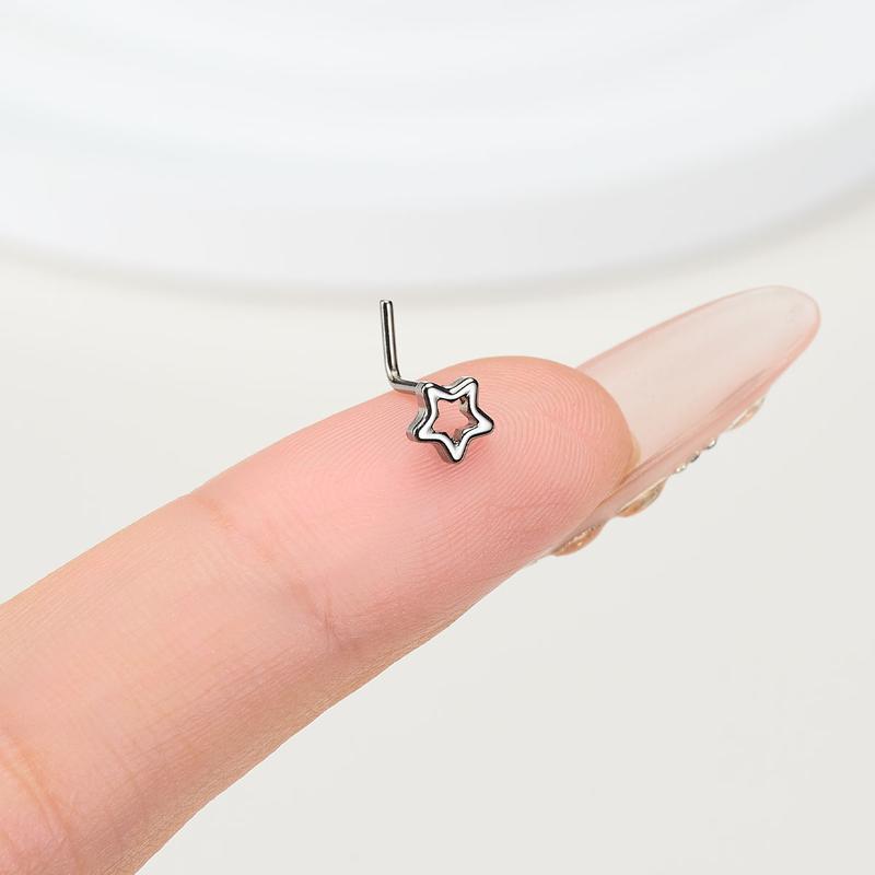 Oufer Titanium Hollow Star 20G L Shape Nostril Stud Non Tarnish Piercing Jewelry