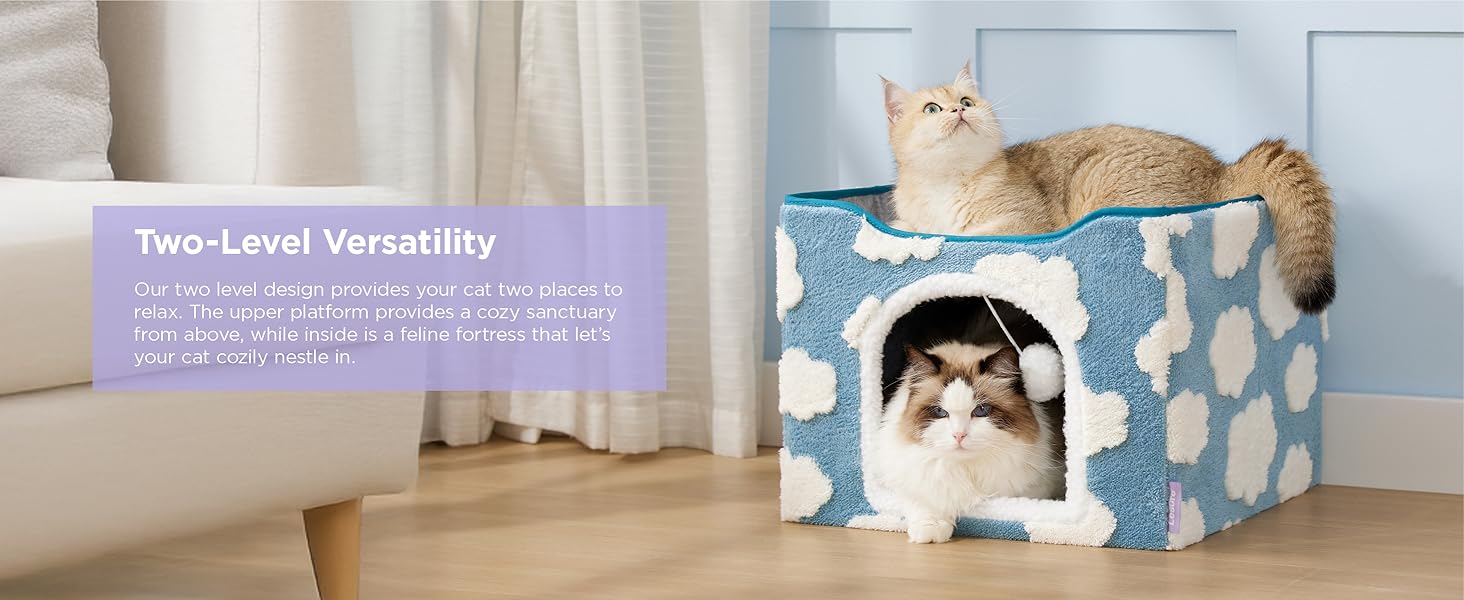 Lesure Indoor Cat Beds Kitten House - Large Cat Cave for Pet Cube with Fluffy Ball Hanging, Foldable Small Animal Hideaway, 16.5x16.5x13 inches,