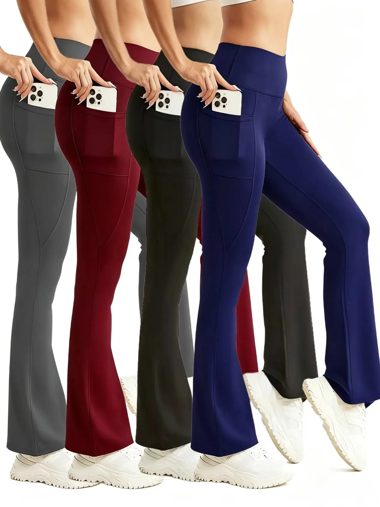 Women's 4-Pack Fitted Flare Cut Leggings with Pockets - Stretchy Sporty Chic Bottoms, Basic Casual Wear Base Layer for Outerwear
