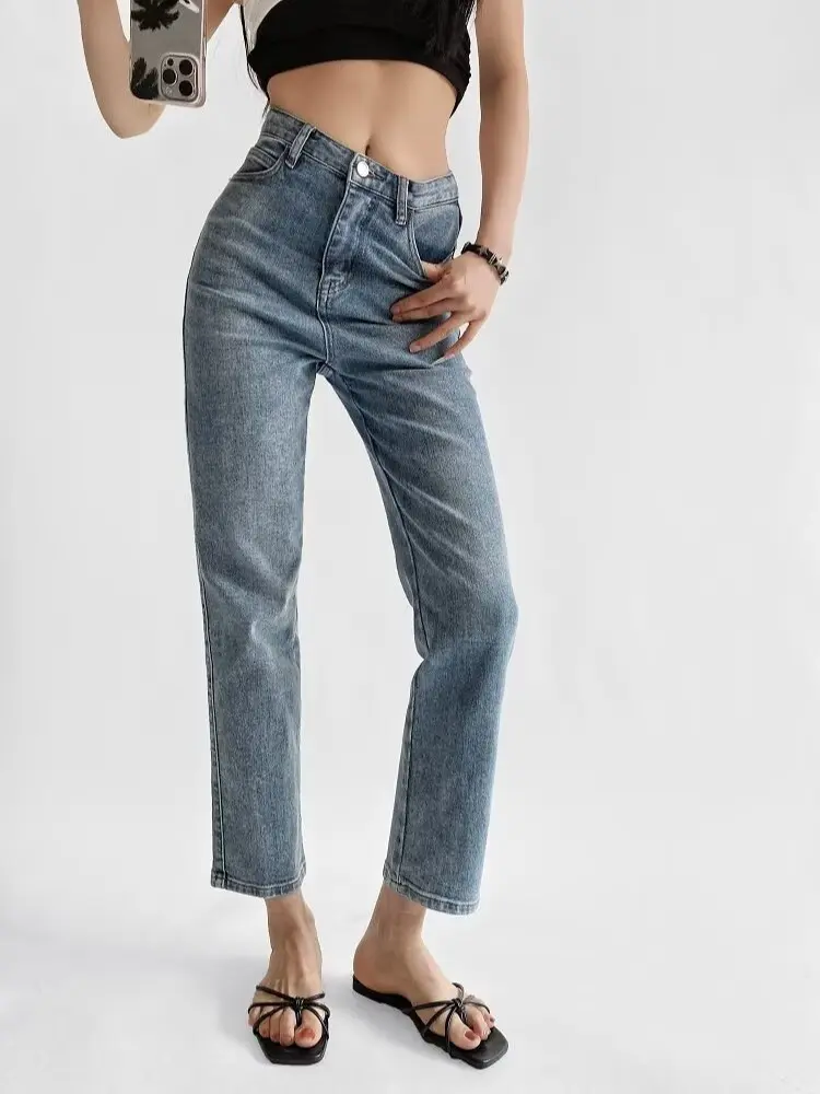 Light Wash High-Waisted Slim-Fit Straight Leg Jeans for Women, 2026 French Style Ankle-Length Petite Baguette & Cigarette Pants for Spring & Autumn