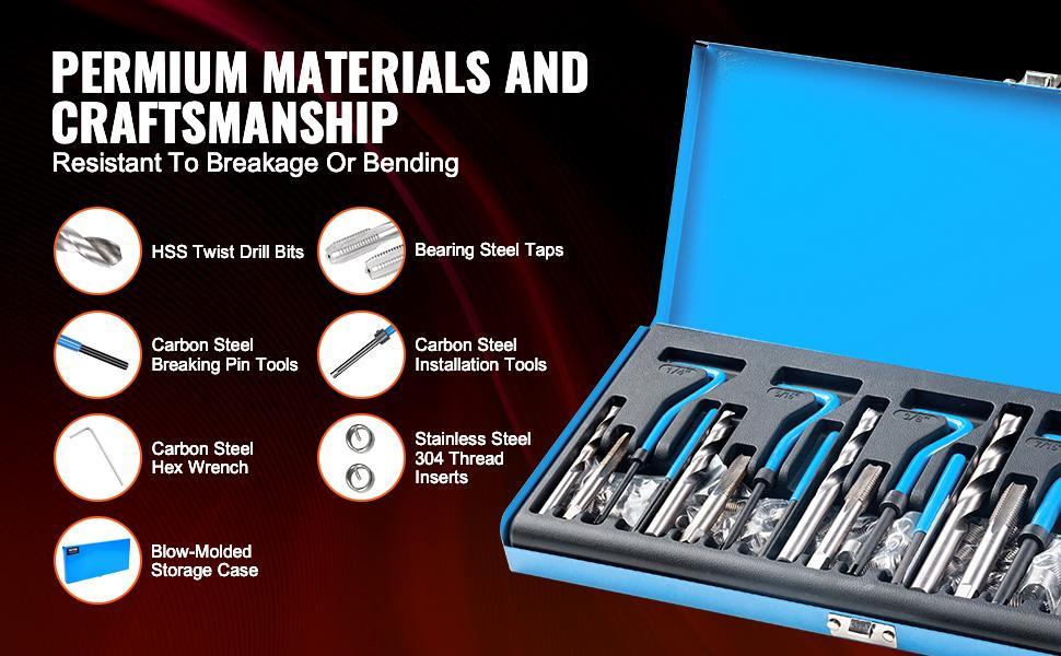 VEVOR 131 PCS Helicoil Thread Repair Kit SAE Tool 1/4 5/16 3/8 7/16 1/2 in UNC，repair tool kit