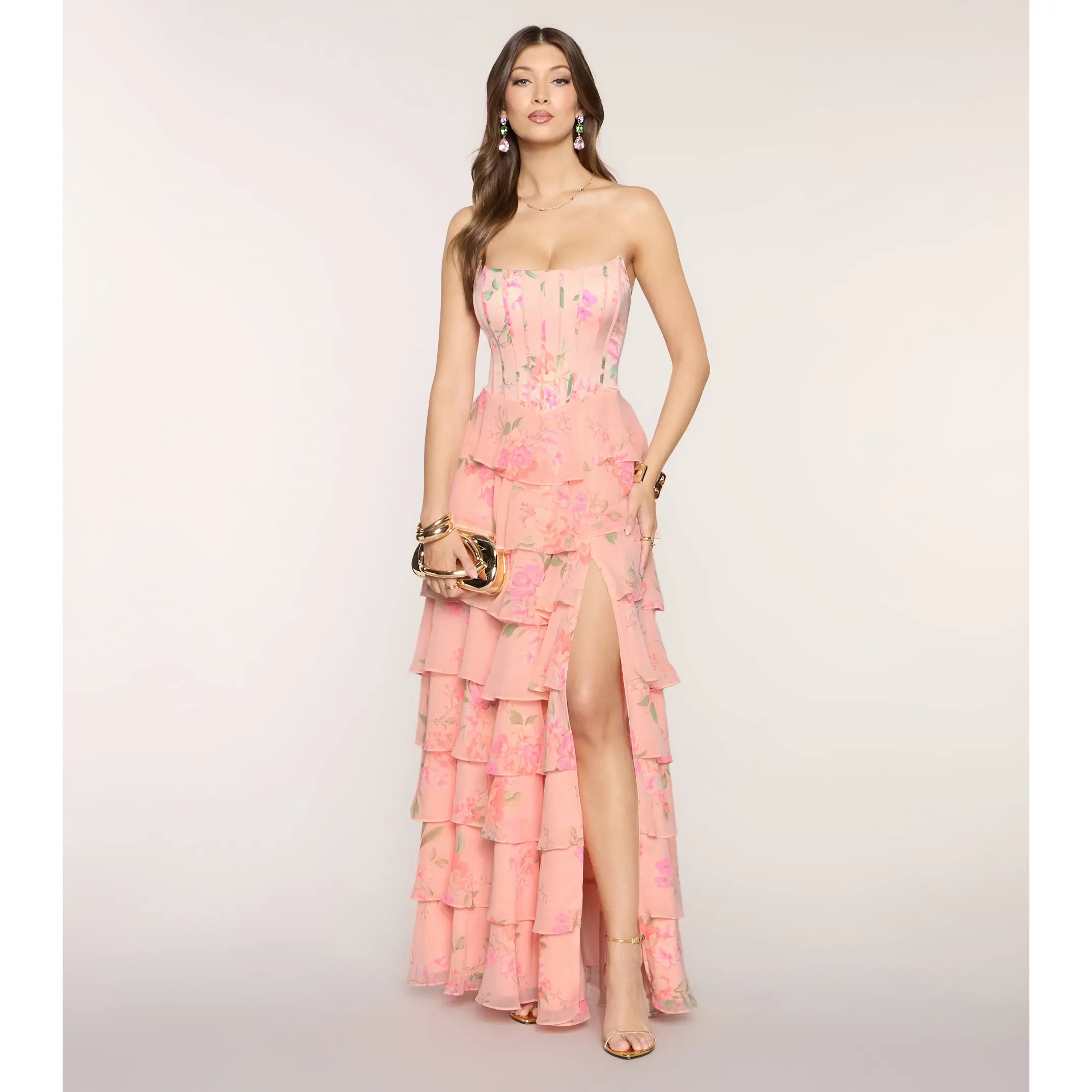 Elira Floral Chiffon Ruffle Formal Dress